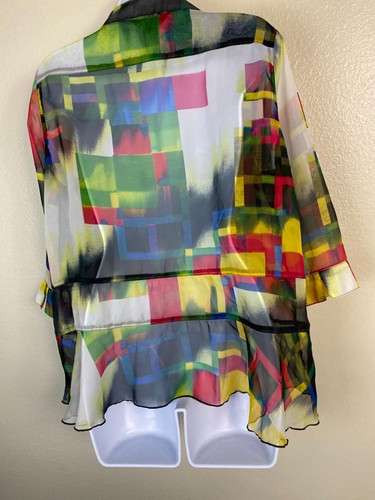 Ali Miles Colorful Sheer Abstract Print Button Up Blouse Size Large Lagenlook - Picture 2 of 17