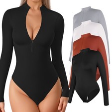 Women Long Sleeve Bodysuit Leotard Plain Mock Neck Top Turtle Jumpsuit Bodycon