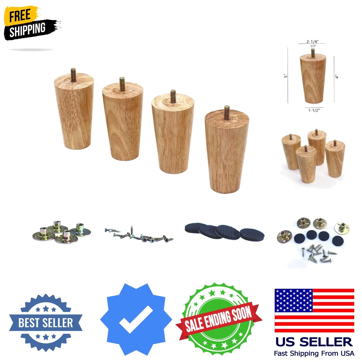 4 inch Solid Wood Legs for Sofa Couch Chair Ottoman Loveseat Coffee Table Cab...