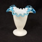Vintage Fenton Aqua Crest Milk Glass Ruffled Edge Footed Vase 4.25” Tall (d)