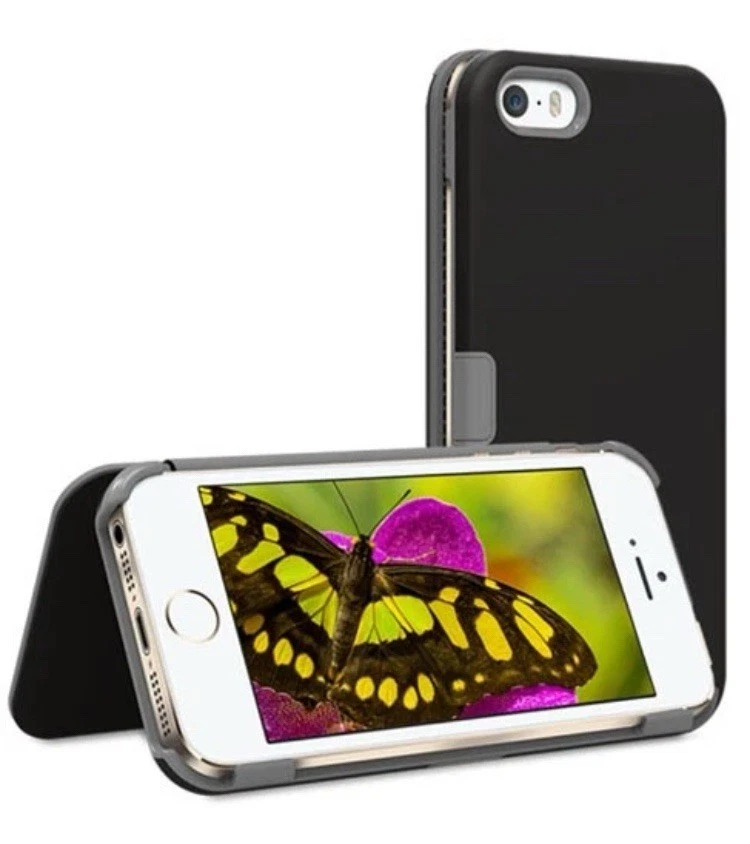 ¡NUEVO! FUNDA BILLETERA FOLIO NEGRA SOPORTE RANURA PARA TARJETA PARA iPHONE 5 5s SE (2016) NUEVA Foto 3 de 4