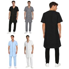 UK Men's Beautician Workwear V Neck Short Sleeve Button Pockets Lab Coat Artist 