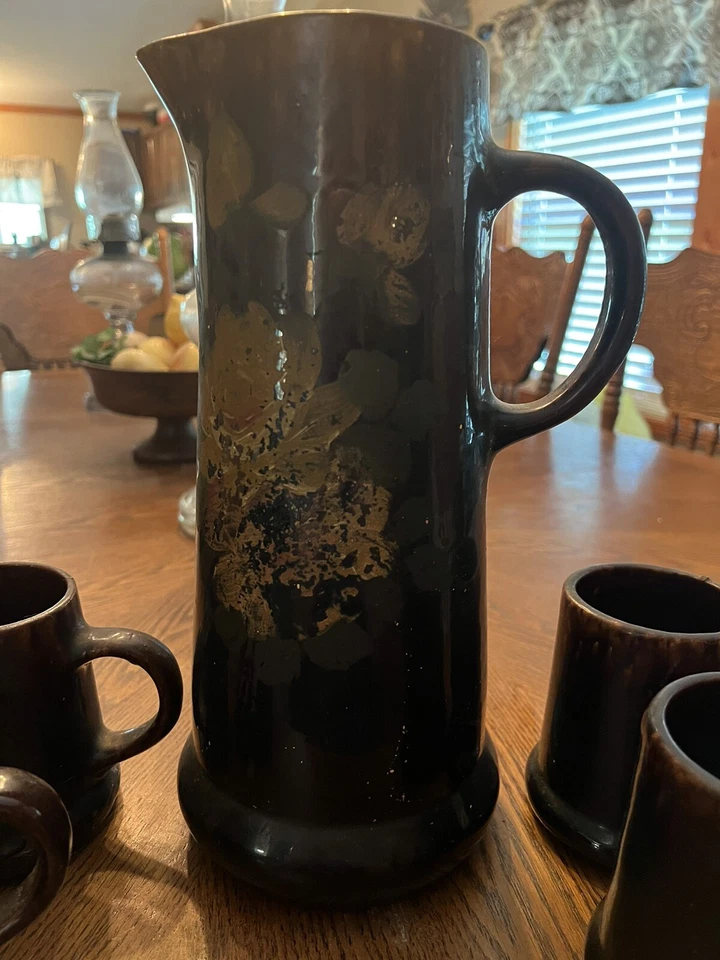 Винтажный 1920-х Bennington цветочный коричневый капельная глазурь керамический кувшин и 4 кружки комплект GC - Изображение 3 из 4