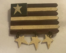 Handmade, primative red, white & blue wooden flag pin with hanging stars 3"x2.5"