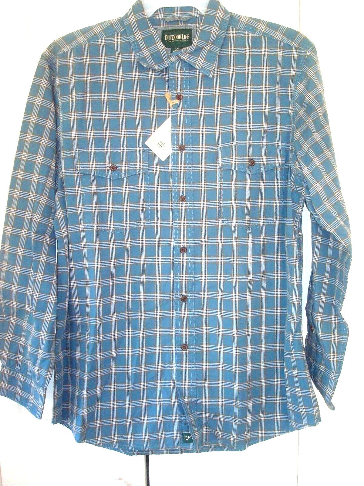 Mens Button Front Shirt Size Large Teal Plaid Canvas Outdoor Life NWT