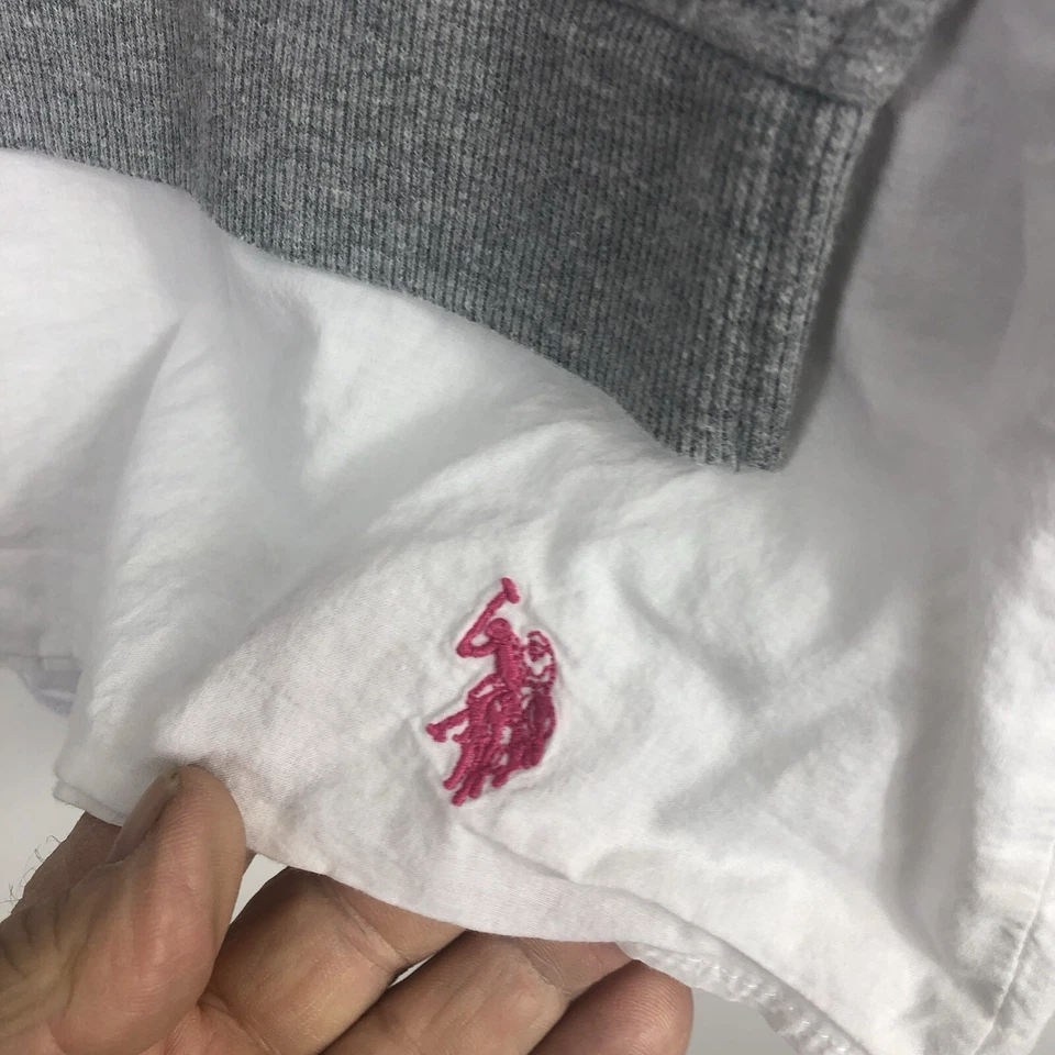 Polo para mujer U.S. Assn. Suéter Cuello en V Gris Blanco Rayas Manga 3/4 Pestaña Enrollable L Foto 3 de 4