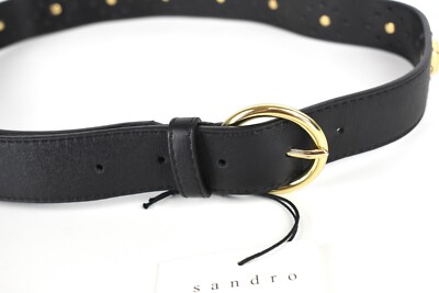 SANDRO Talia Belt Damen SMALL Cow Leather Studded Round Gold Buckle Noir