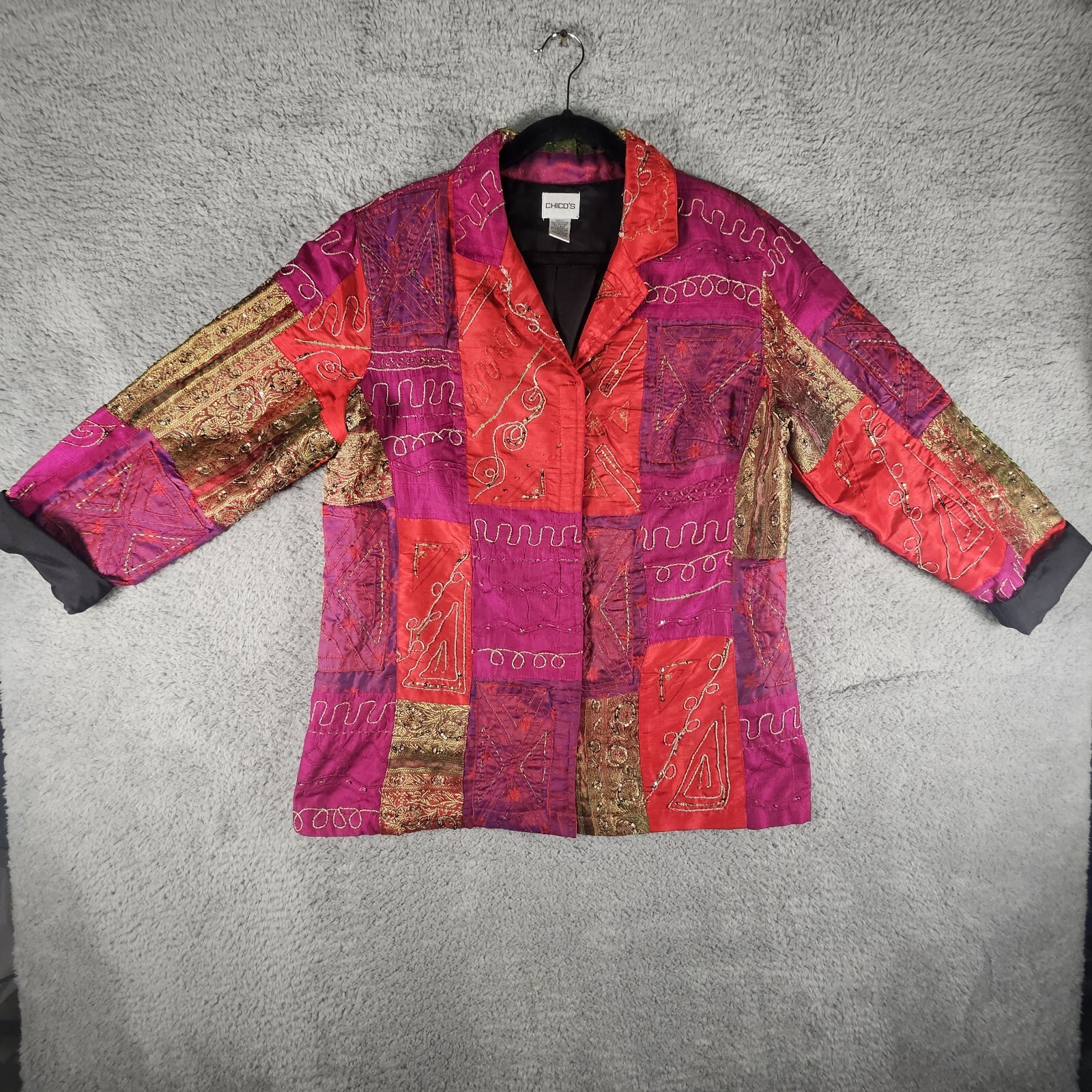 Chico's Patchwork Jacket Womens 2 Embellished Lin… - image 1