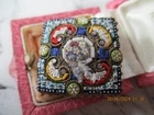 VINTAGE  MICRO MOSAIC BROOCH , FLORAL ,2 CM X 2 CM, MAP OF ITALY?( right corner)