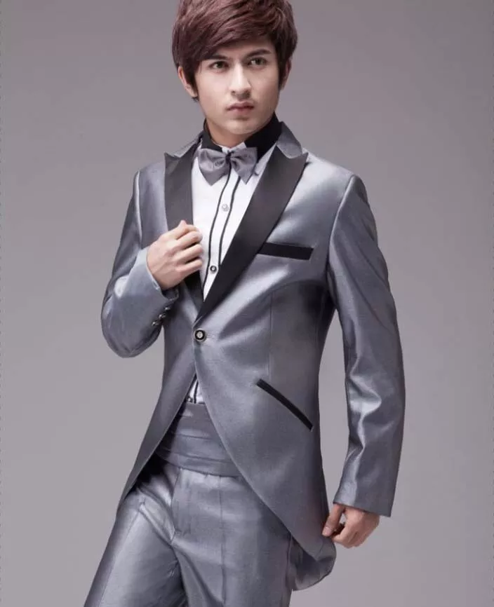 Men's Fashion Silver Grey Reflective Surface Wedding Tuxedo Suit