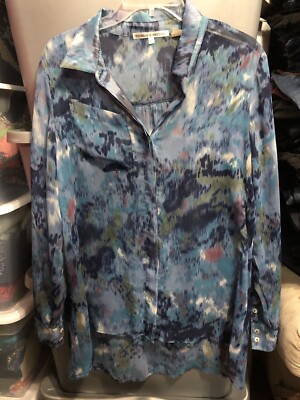 THREADS 4 THOUGHT Blue Semi Sheer Blouse Shirt Size Small Button up Collar