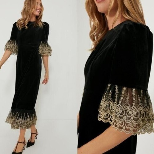 NEU Pomander Place Maxikleid schwarz Samt Lillith gold bestickt Spitze Gr. L - Bild 4 von 4