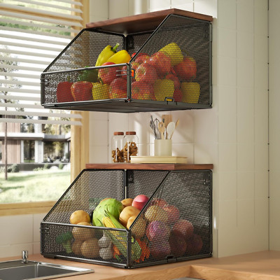 Stackable Wall-Mounted Fruit Basket with Wood Lid, 2 Pack Kitchen Organizer