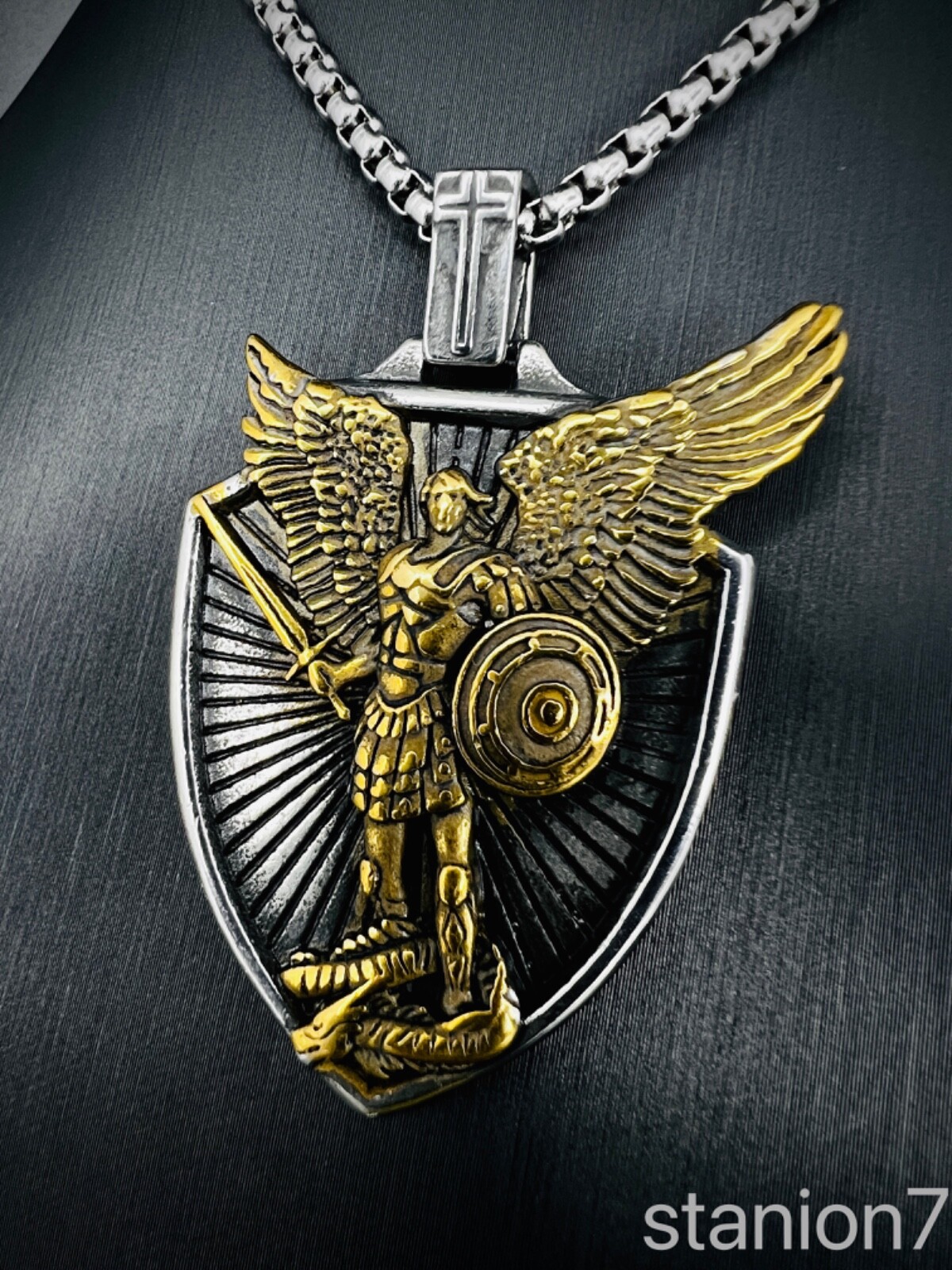 Erzengel St. Michael Anhänger Edelstahl Halskette Schutz Schild Kreuz Biker 303B