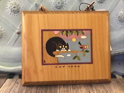 Carriage House Painted Wood Art Cat in Tree Cat Scan Black & White Cat Bird Sign