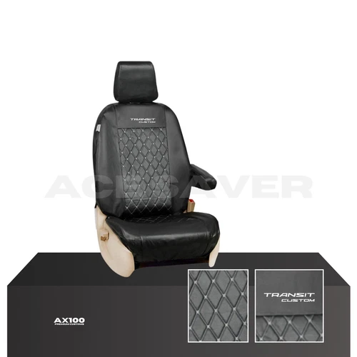 TAILORED FORD TRANSIT CUSTOM 2013 ON QUILTED SINGLE DRIVER SEAT COVER WHITE LOGO