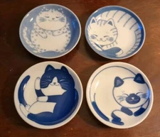 4x Mino Ware Japanese Small Ceramic Plates Cats Design Sushi Sauce Trinket Dish