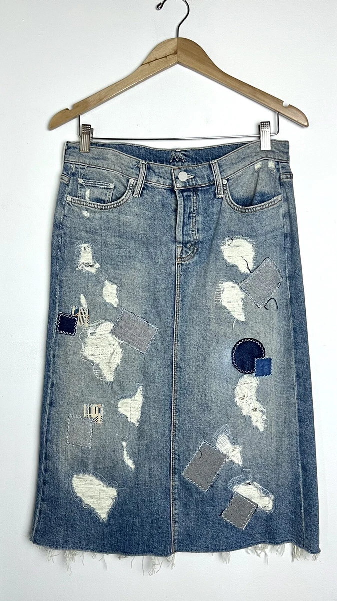 Mother Jean Skirt Easy A Patchwork Distressed Blue Denim Fray Hem Women s 27 32