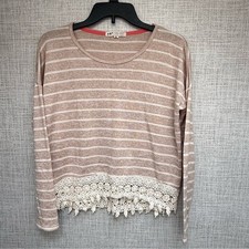 Jolt Tan and White Striped Long Sleeve Shirt with Crochet Detail Medium