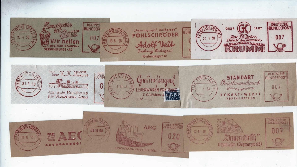 ZB26 - 9 verschiedene seltene Absenderfreistempel - alte Ausschnitte von 1958 - Bild 1 von 1