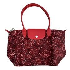 Longchamp Fleurs Tote Bag Red Floral Canvas Large Shoulder Bag Purse