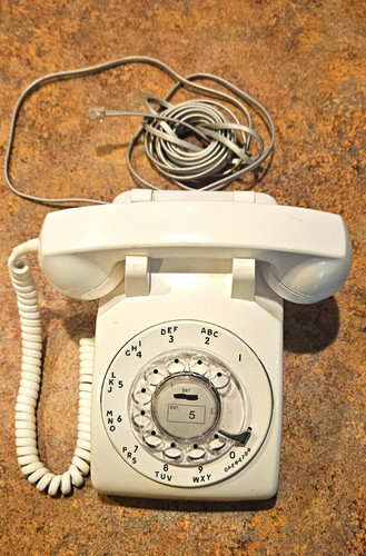 White Rotary Dial Desk Telephone Corded Home Phone w/ Handset Coiled Cord, Works