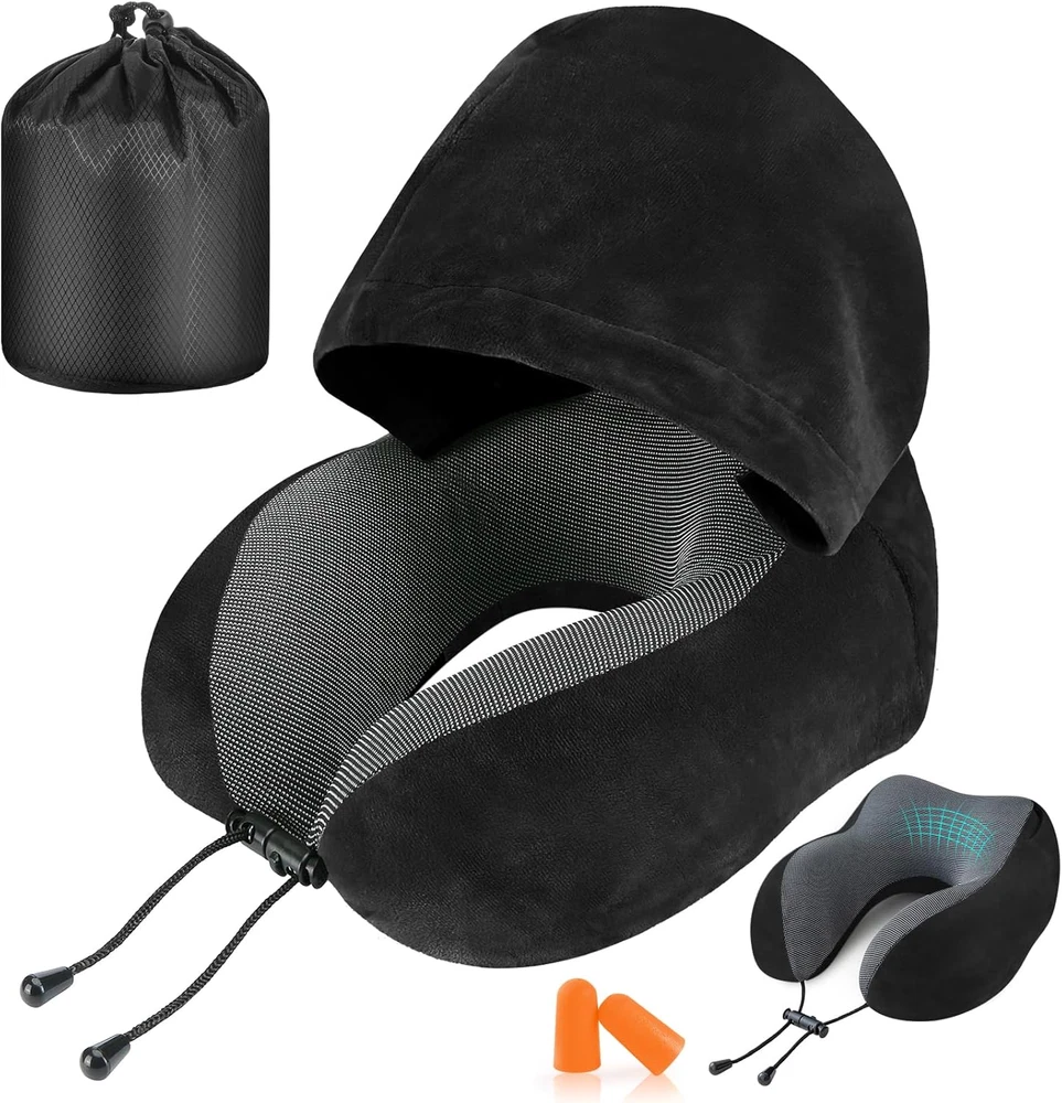 Travel Pillow, Neck Pillow for Travel with Hood for Airplane, Velvet Memory Foam