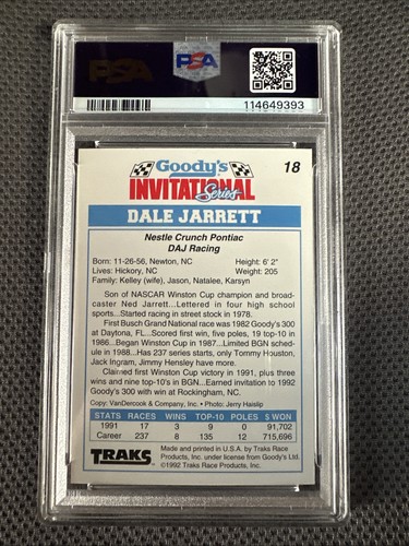 Dale Jarrett 1992 Traks Goodys NASCAR PSA 8. Clean Card! - Picture 6 of 10