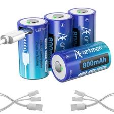 Artman CR123A 3V 800mAh 4-Pack USB-C Rechargeable Battery for Arlo & Flashlight