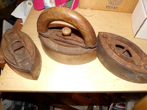 3 Antique Cast Iron Sad Iron with Removable Wooden Handle BLESS & DRAKE N J
