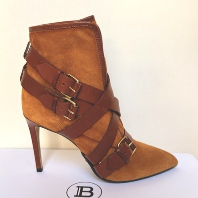 Balmain Brown Buckle Strap Stiletto Bootie Pointed Toe Leather Suede Heels