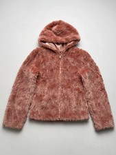 Pink Faux Fur Teddy Jacket Hooded Zip Up Plush Coat Winter Women's Size XS