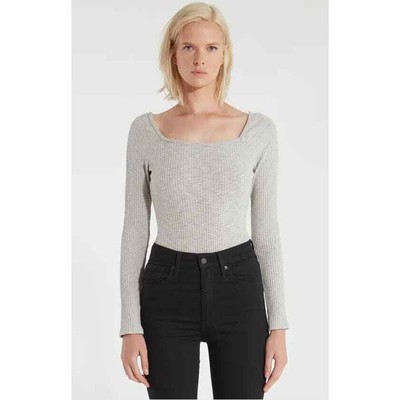 Lost and Wander Blazing Square Neck Bodysuit Gray Ribbed Womens Small New Top
