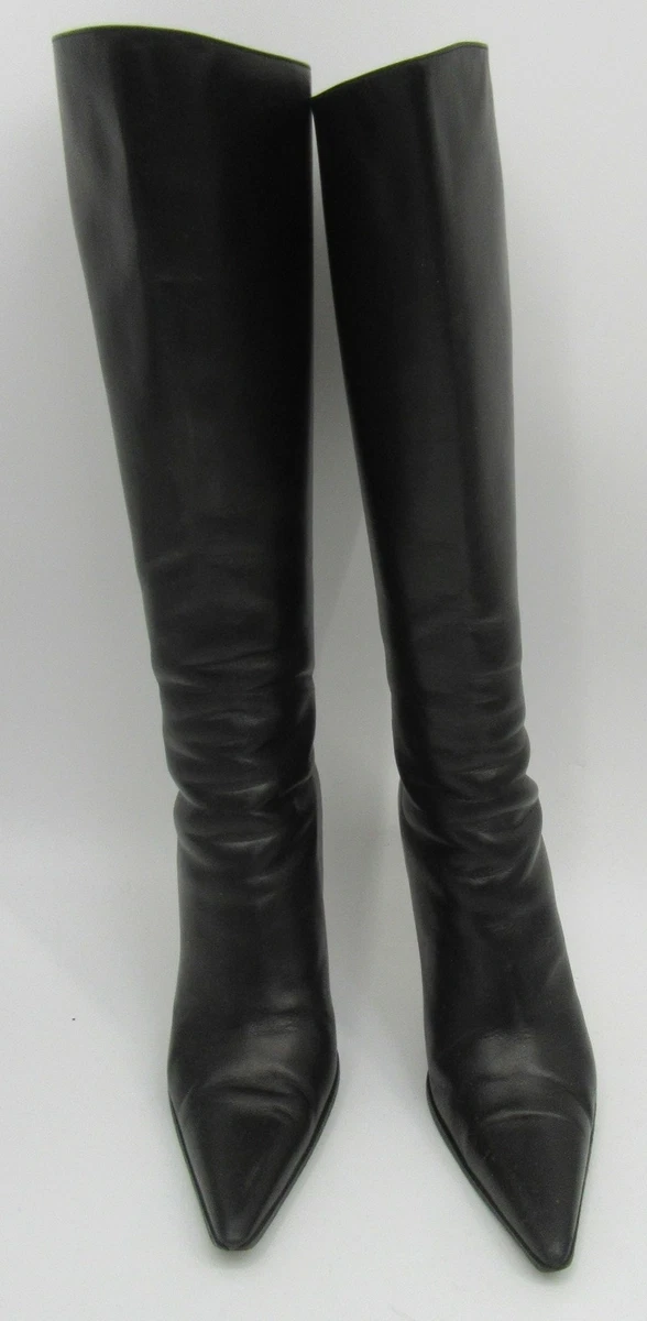 Michael Kors Black Knee High Leather Stiletto Pointed Toe Boots sz 8M