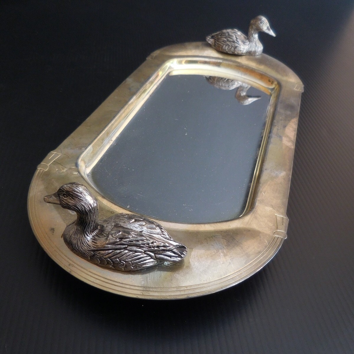 Plat à Foie Gras Ancien - Métal Argenté, Plaque Verre Et Décor Cygnes - Occasion
