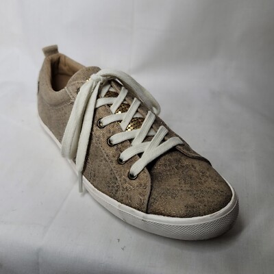 G by Guess Womens Sz Beige Snakeskin Canvas Gold Mesh Accent Sneakers  GGMetty2