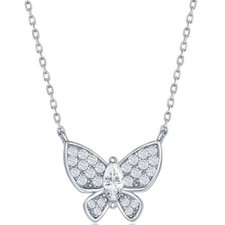 Classic Women's Necklace Sterling Silver White Cubic Zirconia Butterfly Print