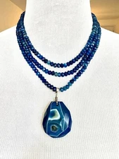 Stone /Beaded Layered Blue Colored Necklace Sterling Silver Elements