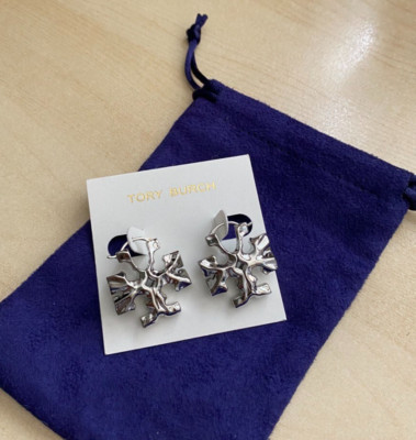 Tory Burch Roxanne Logo Hidden Latch Drop Earrings (Silver) NWT