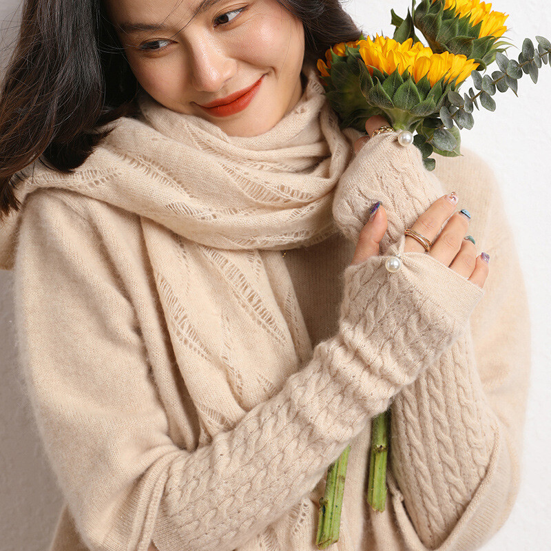 2025 Women's Winter Cashmere Knitted Gloves Long Sleeve Fingerless