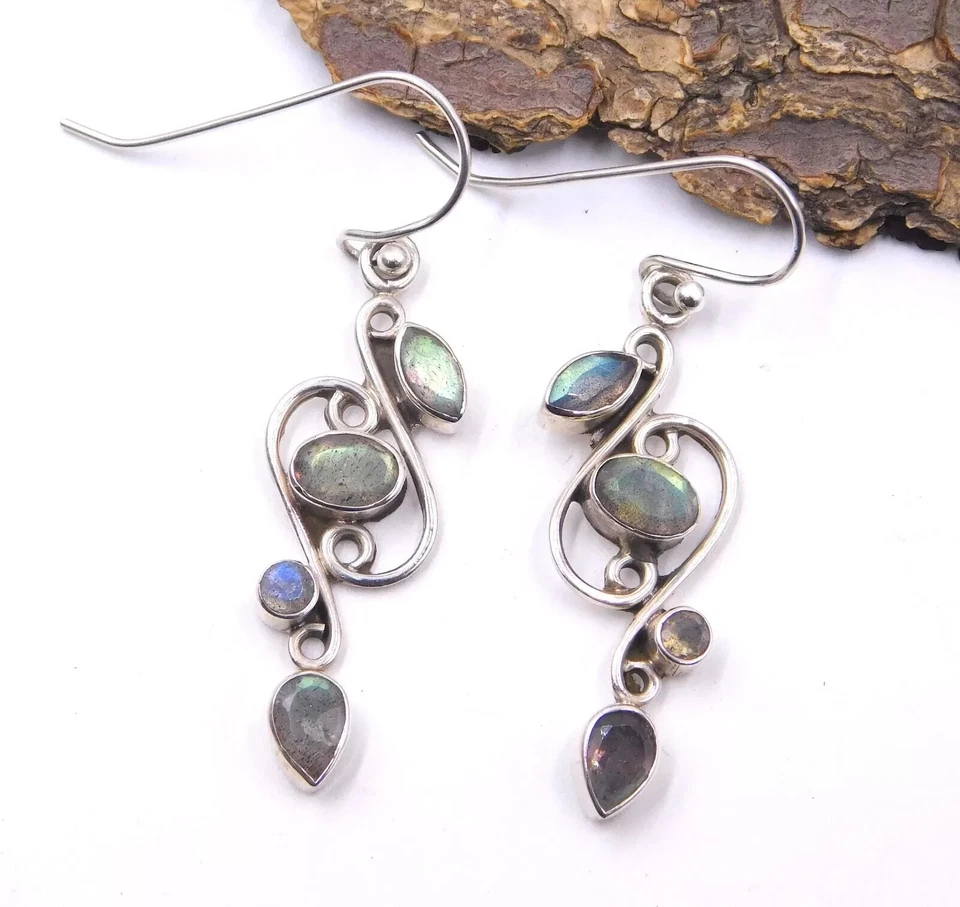 4.60 Gm 925 Sterling Silver Natural Labradorite Gemstone Earring Size 1.75" S322 - Image 2 of 4