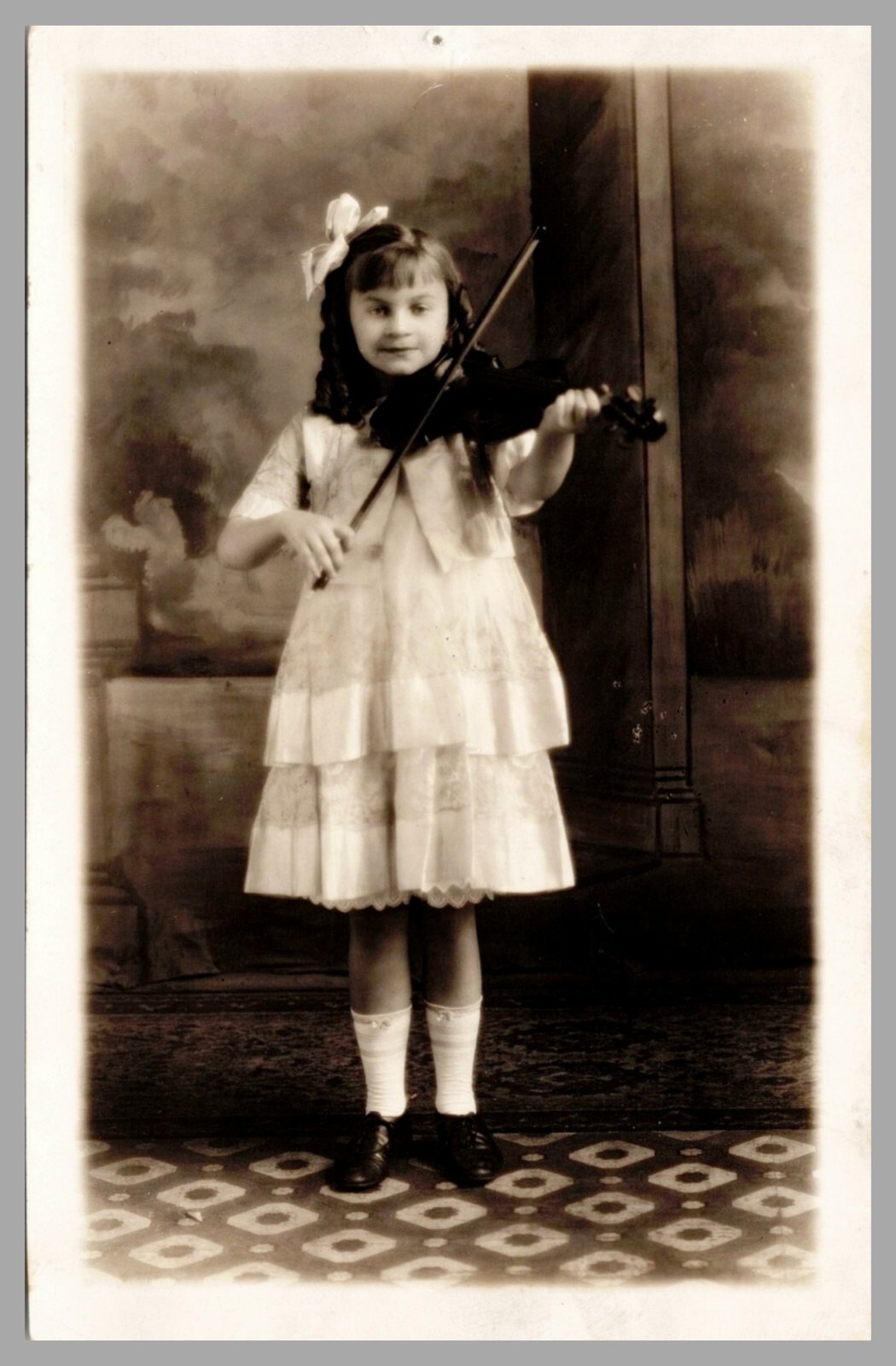 Young Girl Lace Dress Playing Violin Studio Portrait 1910s RPPC Antique Postcard