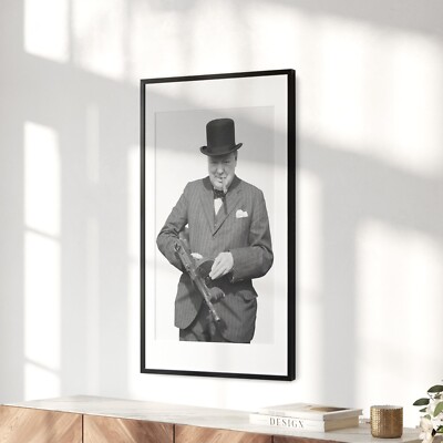 Tableau Sur Toile : Winston Churchill Fumant Le Cigare Sur Un Navire WWII - Encadré