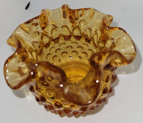 Fenton Amber - Gold Hobnail Rose Bowl Vase Ruffled Edge Vintage
