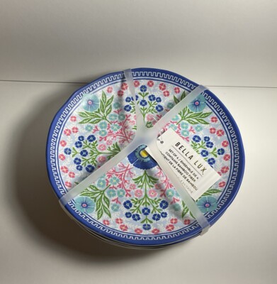 NEW Bella Lux Set Of 4 Floral Bamboo And Melamine Plates Blue Floral 6.75''