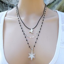 Multi Strand Black Spinel Necklace, Hand Woven Black Cord, Black Spinel Beads