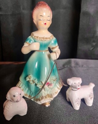 Vintage Porcelain Lady Green Dress walking 2 White Dogs Poodles Japan Wales