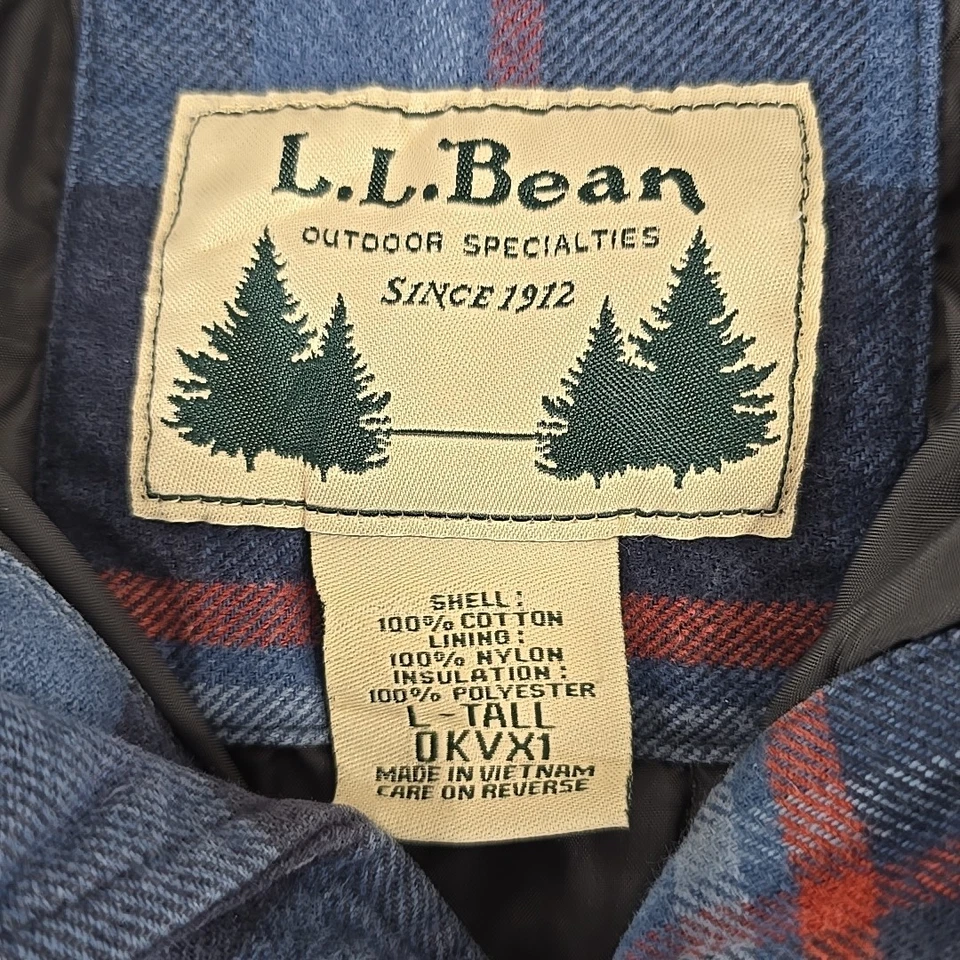 LL BEAN Men’s SIZE LARGE TALL Plaid Cotton Insulated Shirt Jacket BLUE BLACK RED - Image 3 of 4