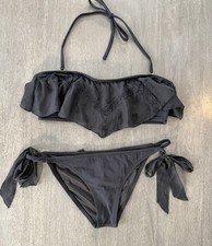 Victoria  s Secret Swimsuit Bikini Set Black Flounce Bandeau Large