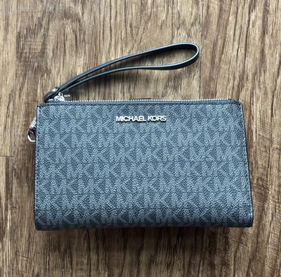 Michael Kors Jet Set Travel Double Zip Logo Wristlet Wallet Black Gray